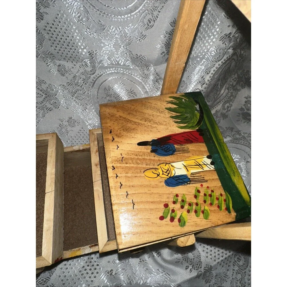VTG Wood Fold-Out Sewing Box Hand Painted Mexico Double Handle Small 3 Tier